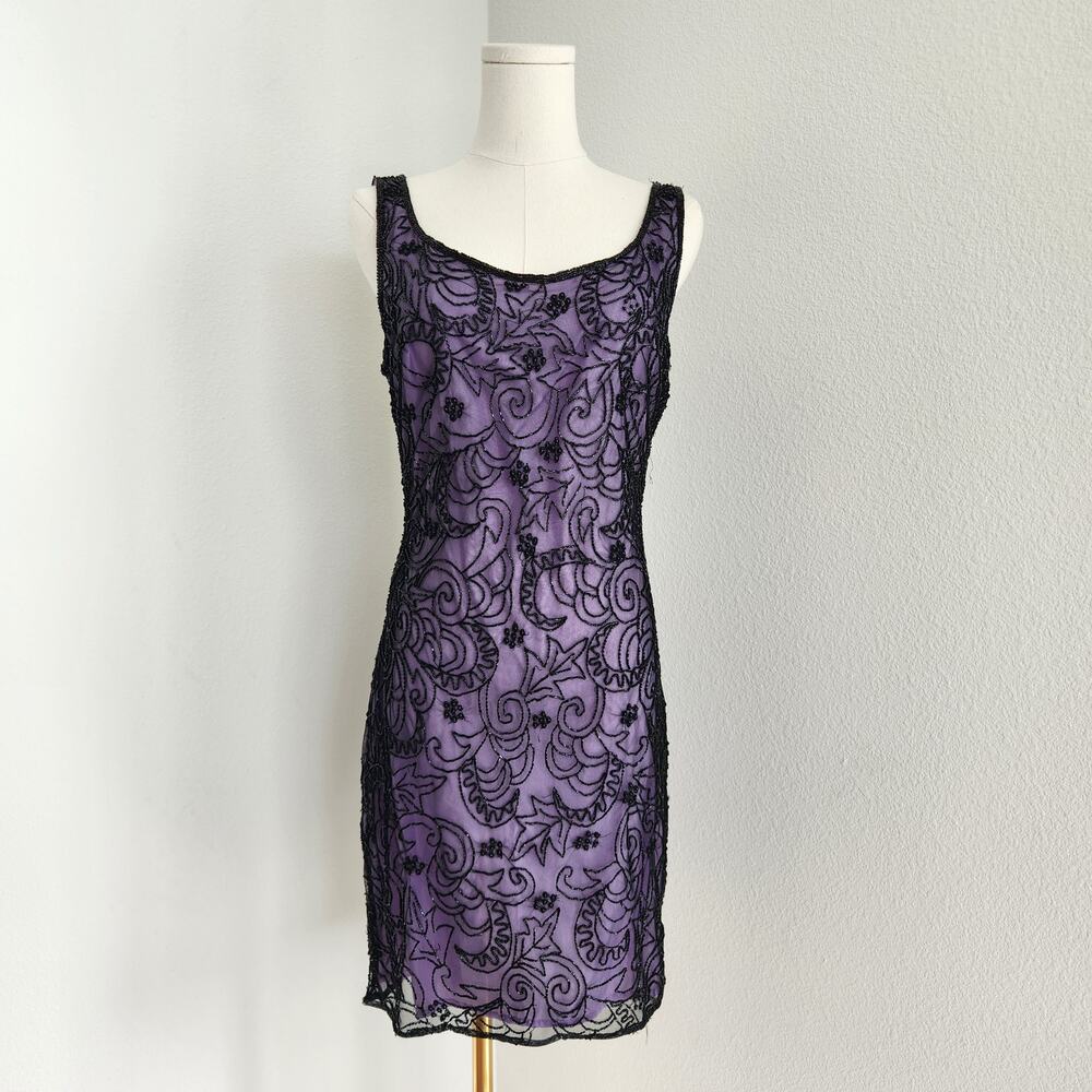 Vintage 90s Laurence Kazar Purple Black Beaded Sheath Dress Sleeveless Mini S - Picture 1 of 12
